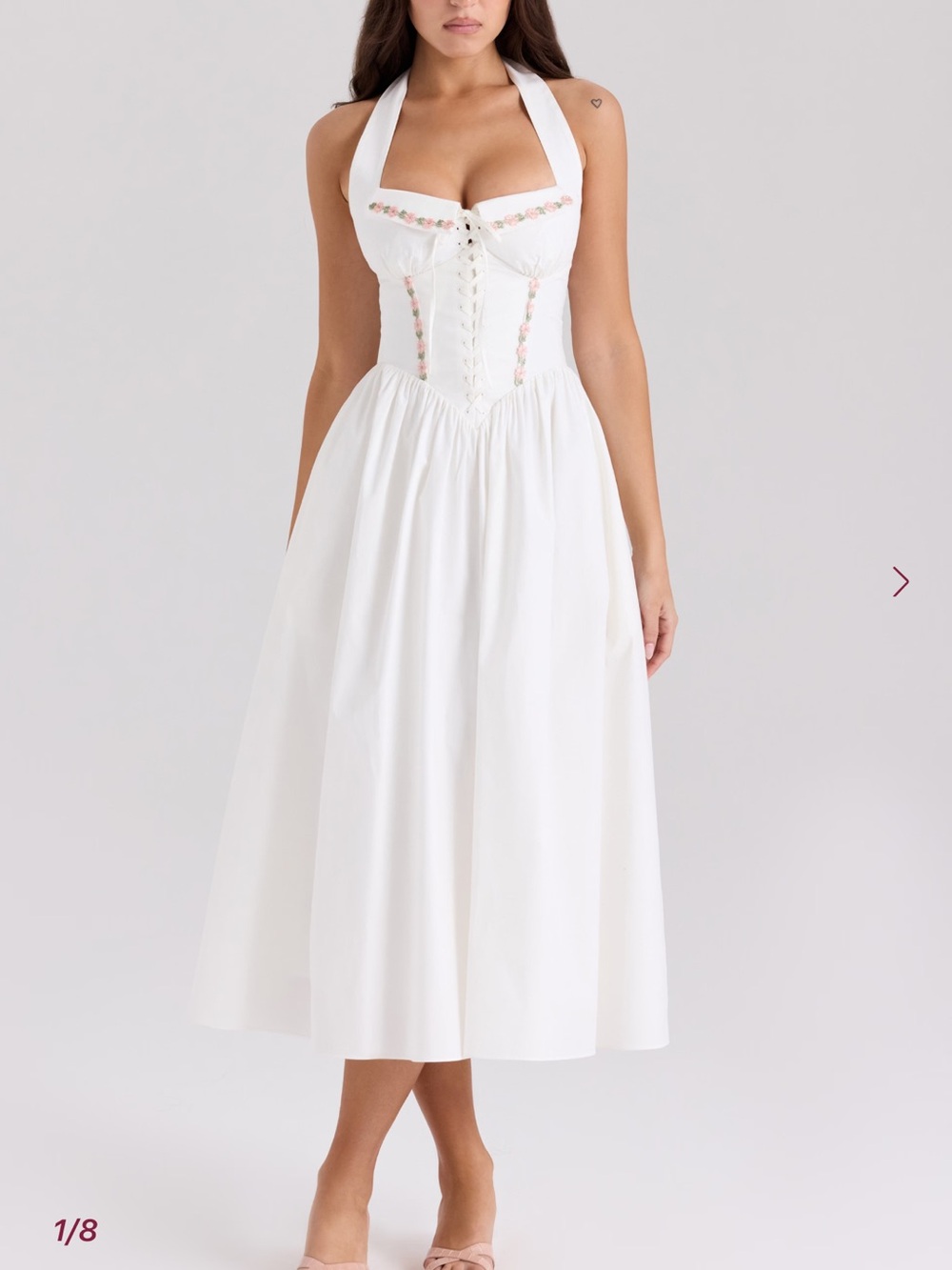 House of CB White Halter Corset Midi Dress with Pink Floral Trim